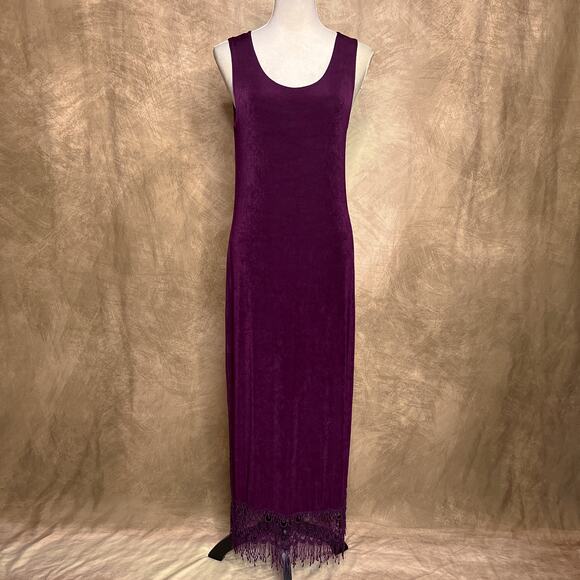 Vintage 90s Jostar Purple Sleeveless Paisley Fringe Hem Maxi Dress Shift Boho - Picture 1 of 9